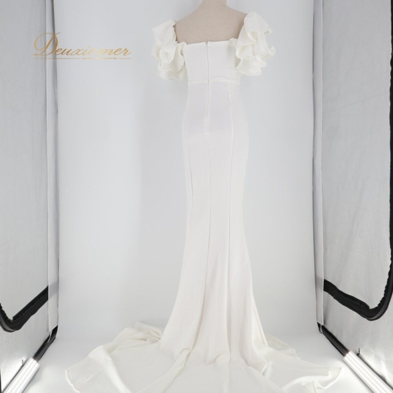 FAERIESTY ホワイト系 ワンピース ドレス ウエディングドレス マーメイド 前撮り 結婚式 白 無地 シンプル 伸縮 ストレッチ フリル リボン ヘアアクセサリー ティアラ ネックレス ピアス アームカバー 華やか ポーチ シルバー系 ピンク系