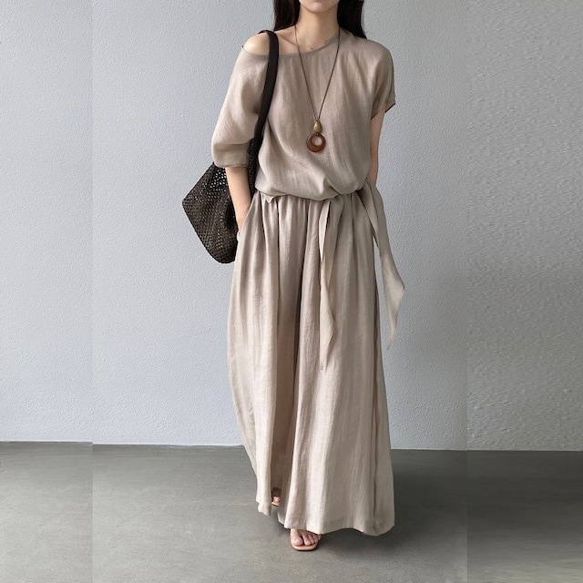 Waist Ribbon トップス & Wide Leg パンツ セットアップ [26010476]