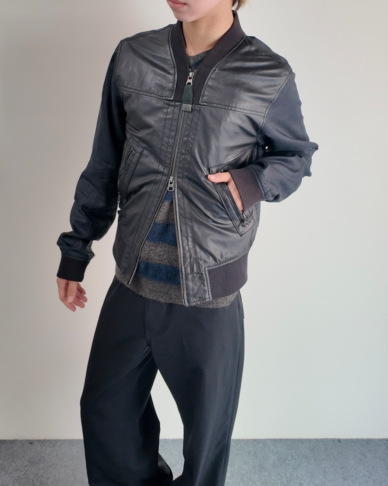 【ARMANI Jeans】leather coating linen switching blouson