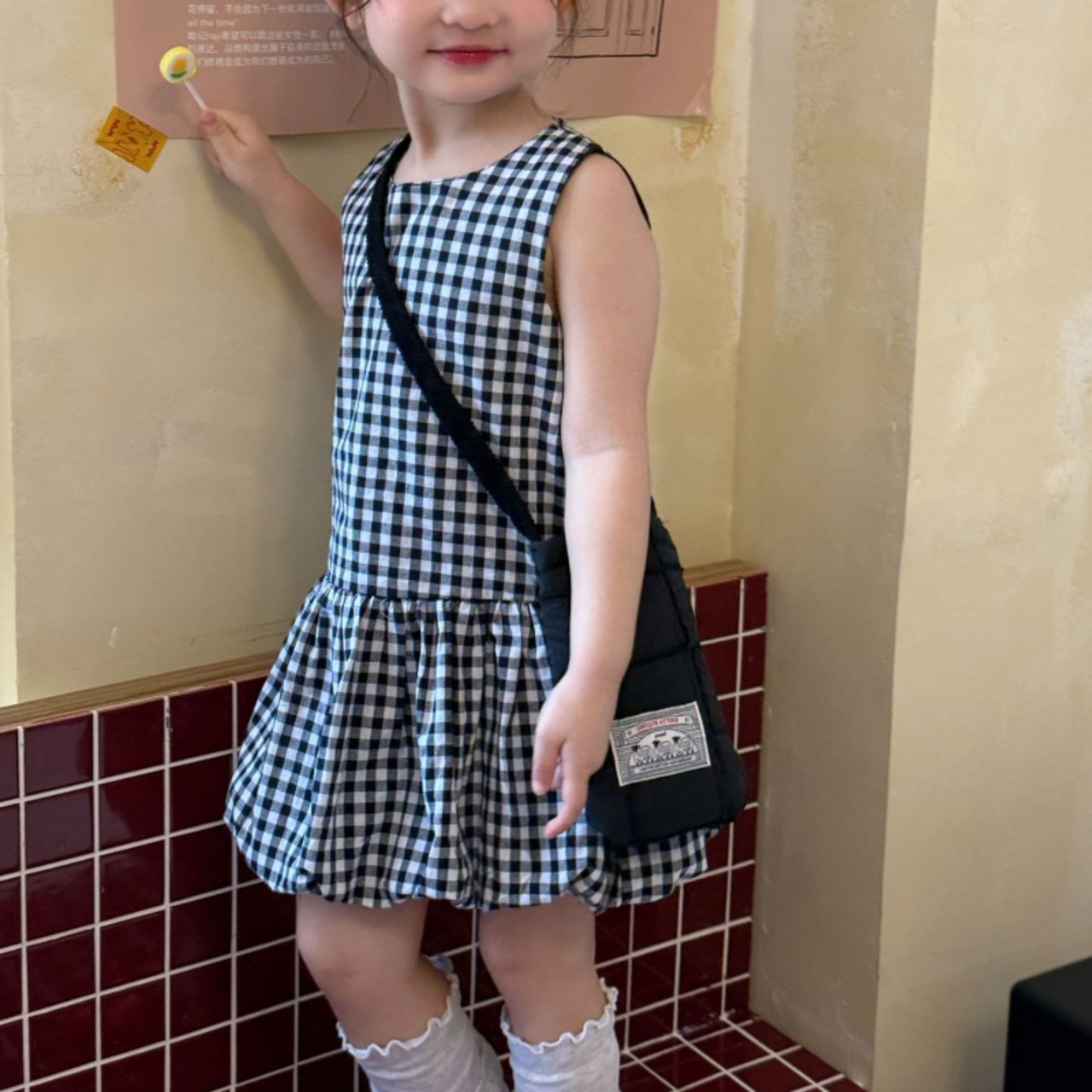 夏チェック柄バルーンワンピース