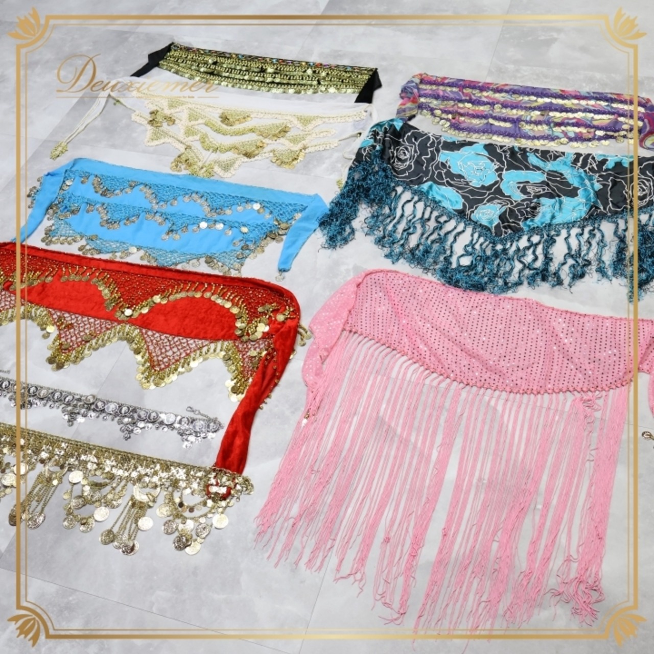 ベリーダンス 衣装 ヒップスカーフ まとめ売り 全9点 セット コイン フリンジ 黒 白 青 赤 金 練習 レッスン 小物 花柄 ダンス小物 キラキラ 華やか かわいい フラワー ブラック系 ブルー系 ピンク系 レッド系 ゴールド系 シルバー系 ホワイト系