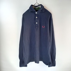 フレッドペリー　長袖ポロシャツ　刺繍ロゴ　3つ釦　ネイビー　ユーロ古着　S