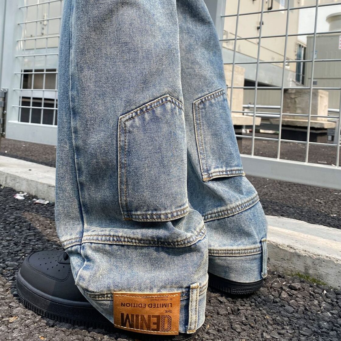 リバース デニムパンツ ブルー ジーンズ ウォッシュ加工 ストレート 