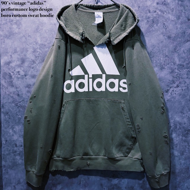 【doppio】90’s vintage “adidas” performance logo design boro custom sweat hoodie