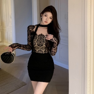 ミニドレス キャバドレス セクシー ブラックレース 長袖 上品 大人っぽい ボディコン クラブ 指名 JC2-XKDD529-5917-Sep23 Lady's coco