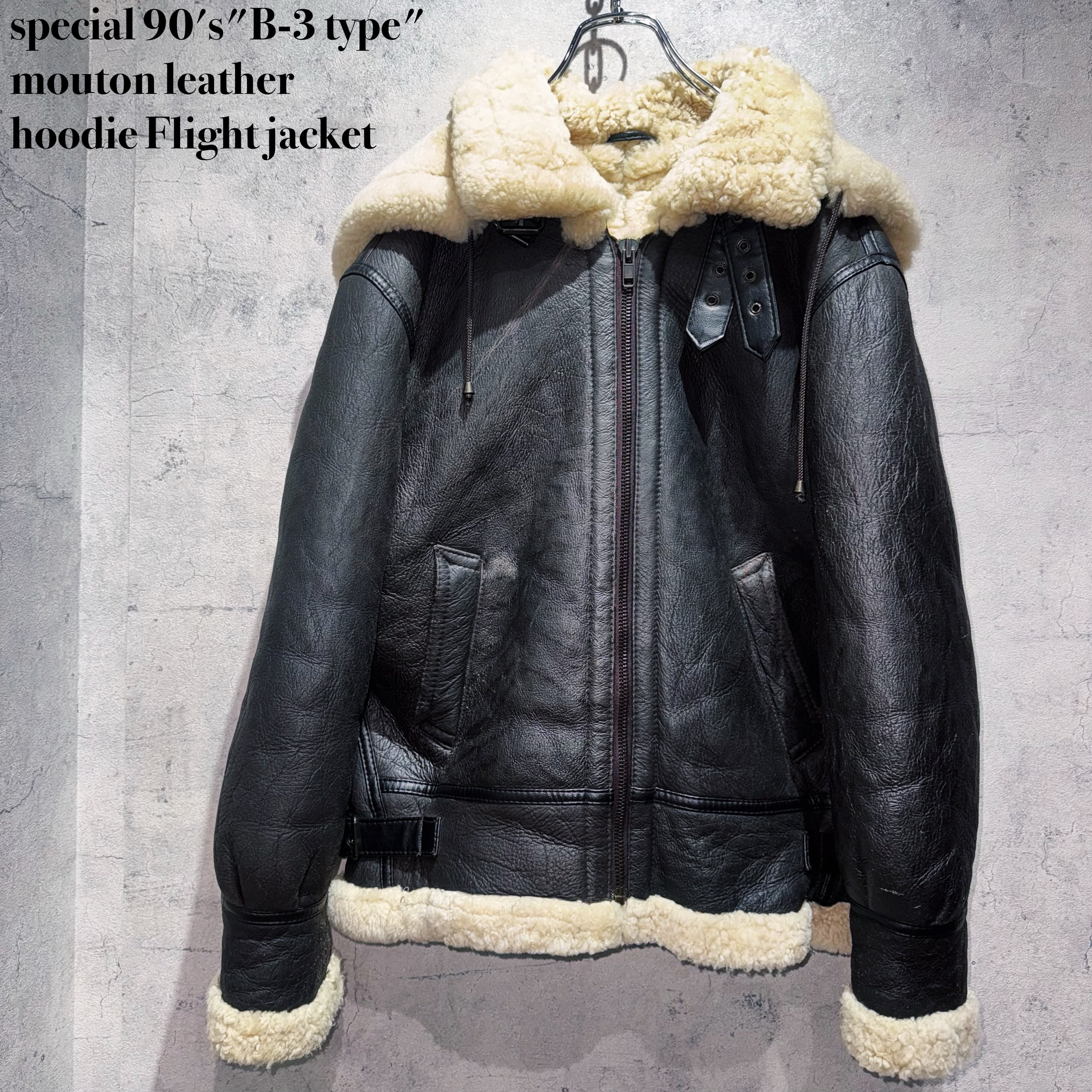 special 90's"B-3 type"mouton leather hoodie Flight jacket