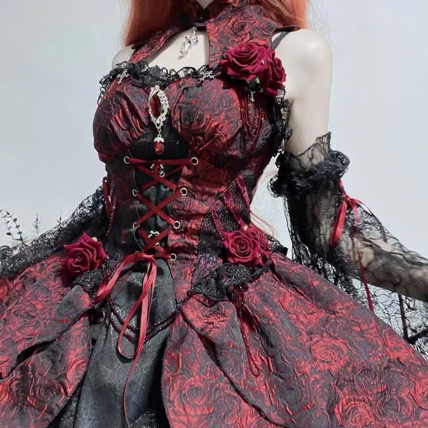 ゴスロリ ドレス コルセット風 レースアップ レイヤードスカート 撮影