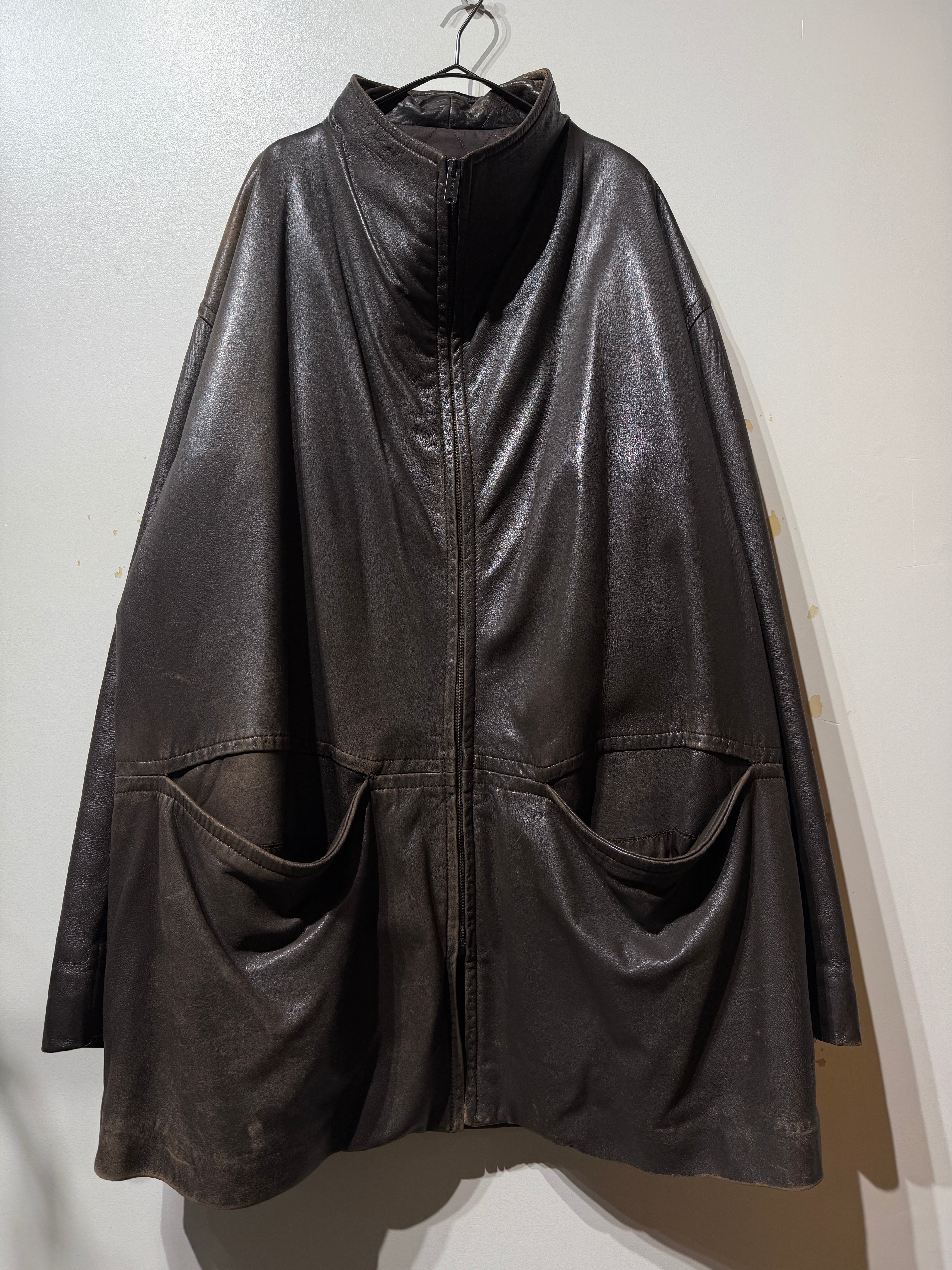 (OT1594)80’s~90’s leather stand collar jacket made in Spain