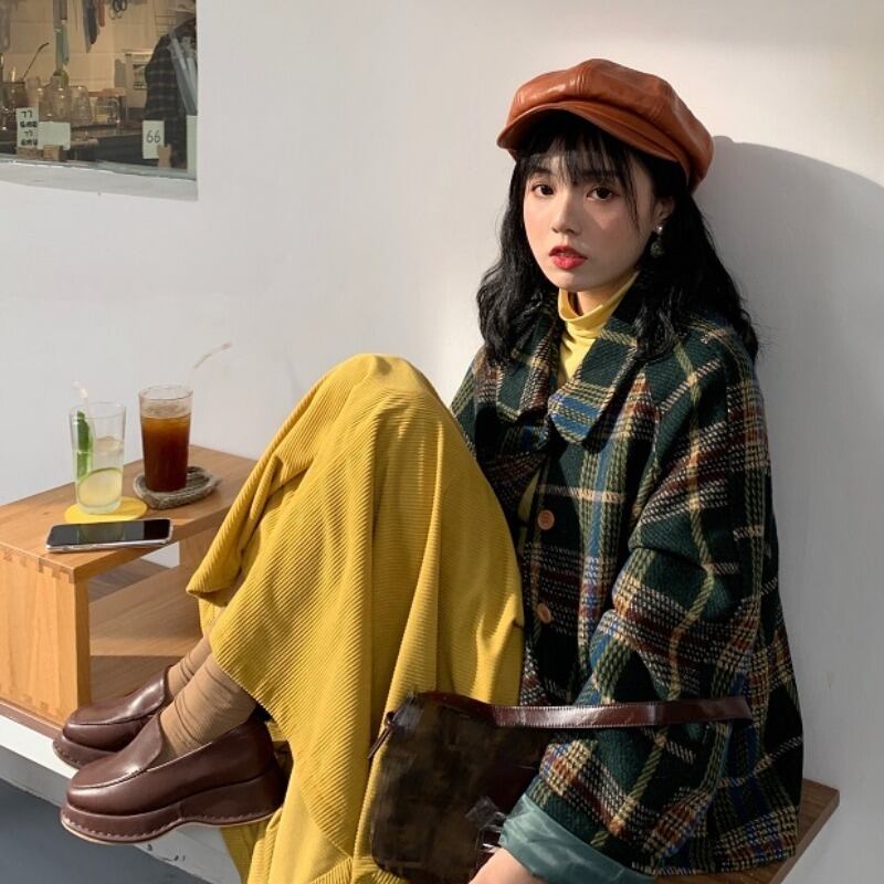 スプリングオータムスタンダード格子柄ジャケット スリムシャツ コーデュロイAラインスカート レディース レトロ 春物 秋物 萌量不足2088424864