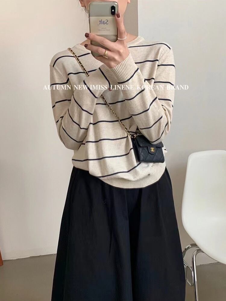 ストライプニットカーディガンオータムスタンダードシャツ ルーズ長袖スリーブセーター ロング レトロ 秋物 ビッグFスモールZ韓国11315968130