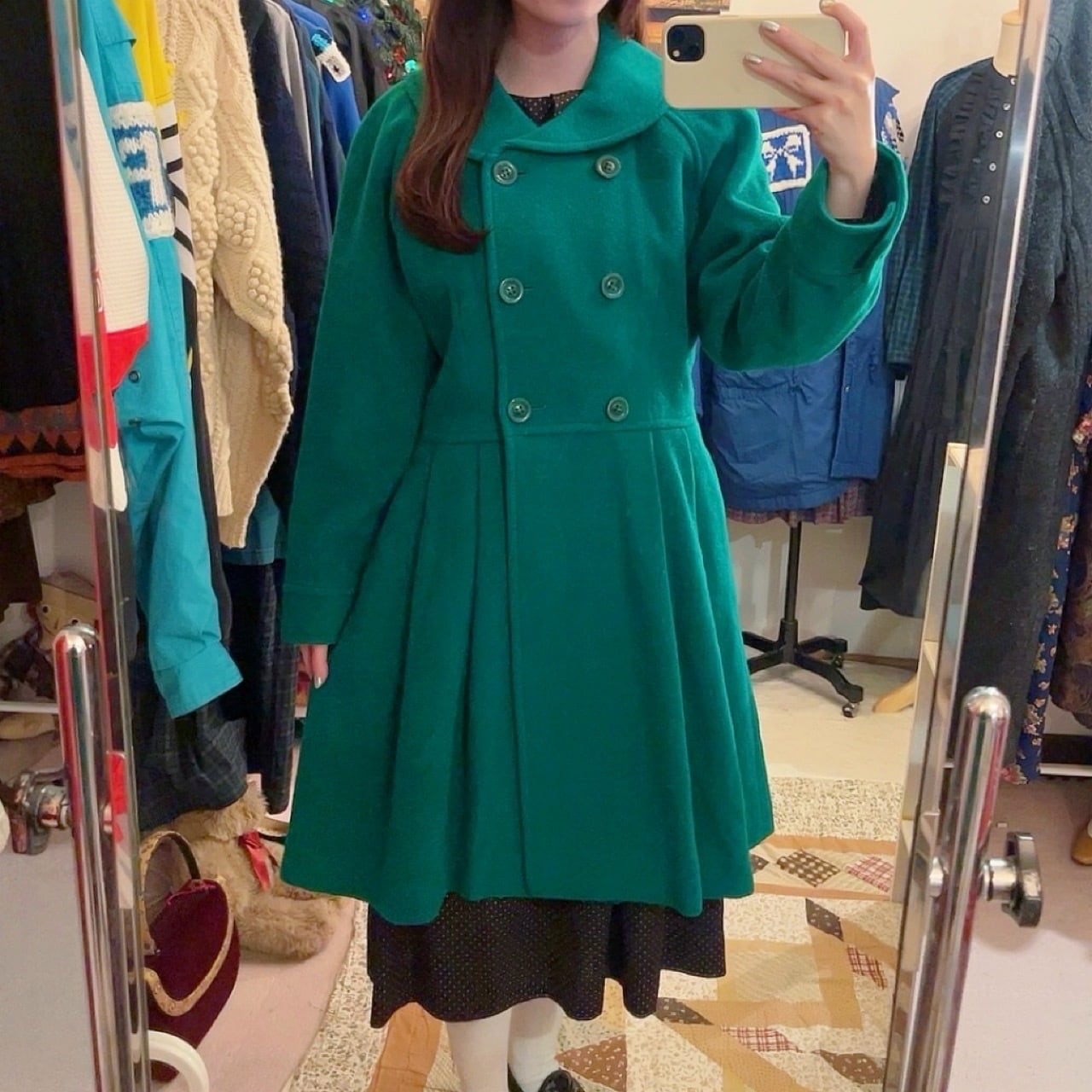 green double button flare coat