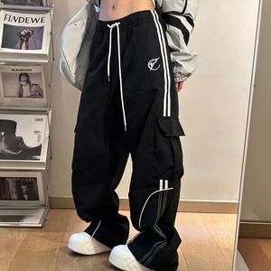 カーゴ パンツ レディース Y2K 韓国風 サイドライン トラックパンツ ワイド イージー パンツ ウエストゴム ドローコード バルーン 体型カバー 着やせ ストリート ダンス 衣装 [LS-CGP035]