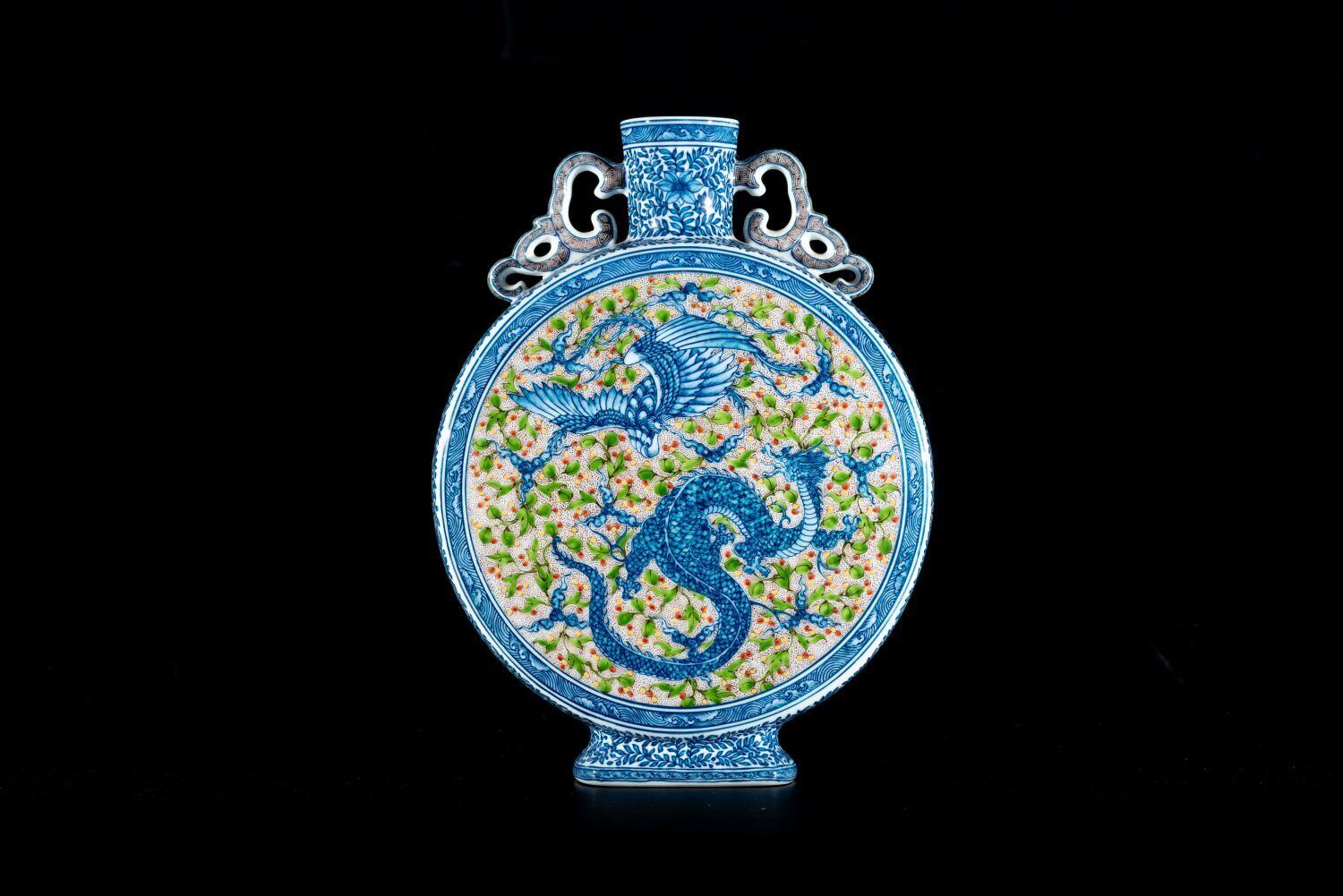 染錦竜鳳凰唐草文　扁壷　葉山有樹作