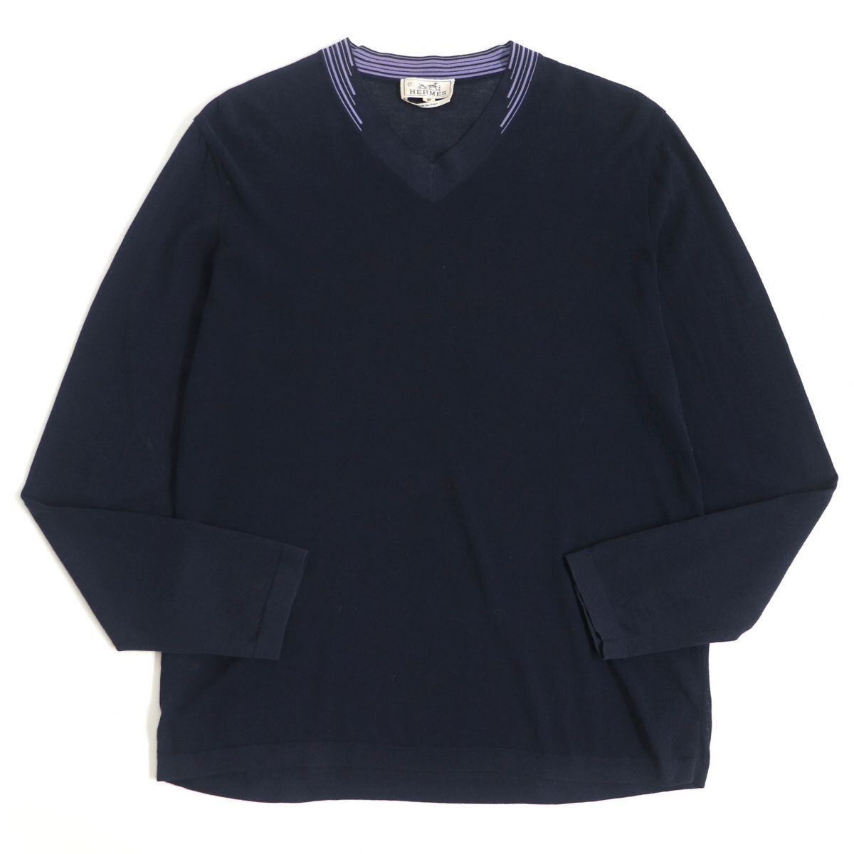 良品□HERMES/エルメス ラインデザイン Vネック 薄手 ロングスリーブ 
