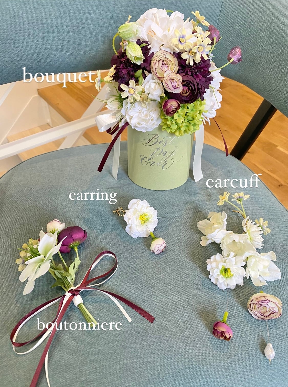 （値下げ）アーティフィシャルブーケ・ブートニア・イヤーカフ・イヤリング4点セット 値下げ）アーティフィシャルブーケ・ブートニア・イヤーカフ