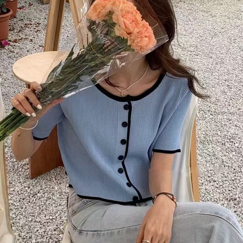 パイピングバイカラー　5部袖カーディガン　AJ2541-027