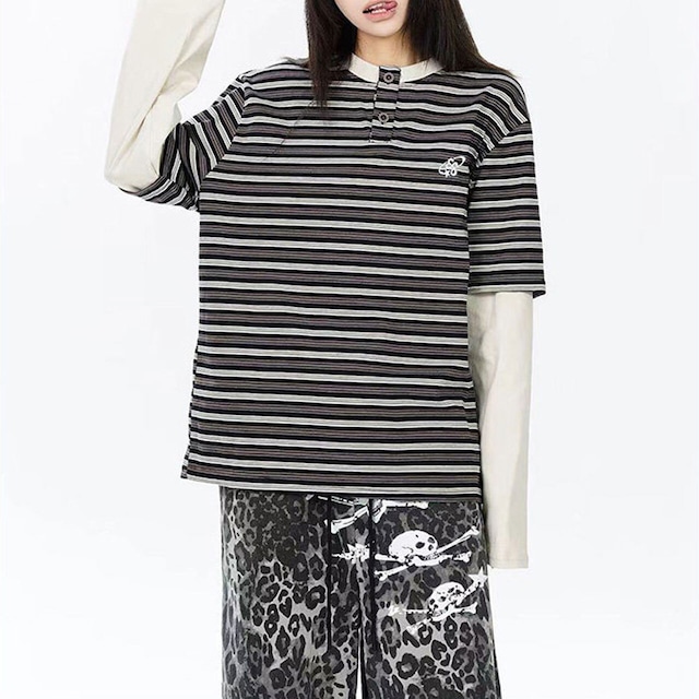 レイヤードスリーブボーダーヘンリーネックTシャツ 2col R02479
