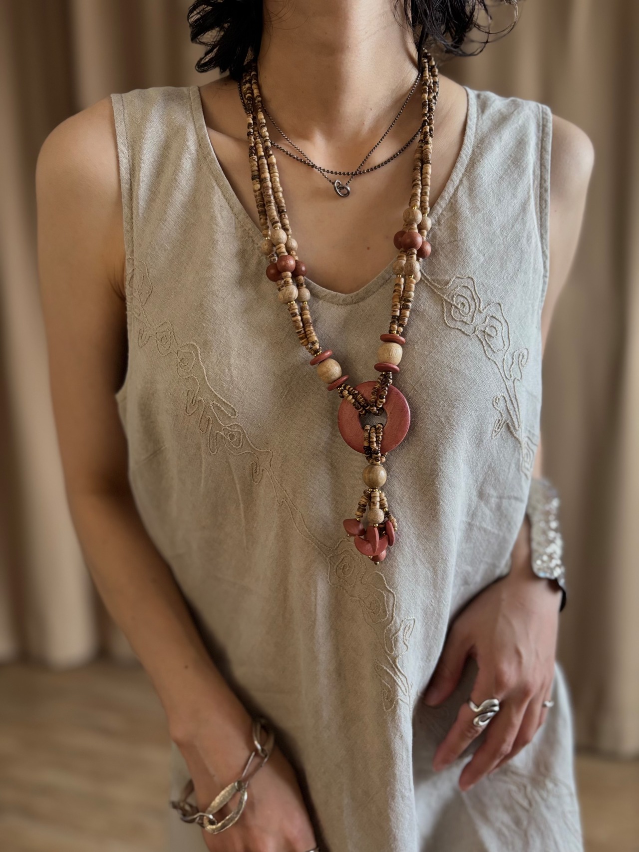 ethnic wood bead statement long necklace-5143-8