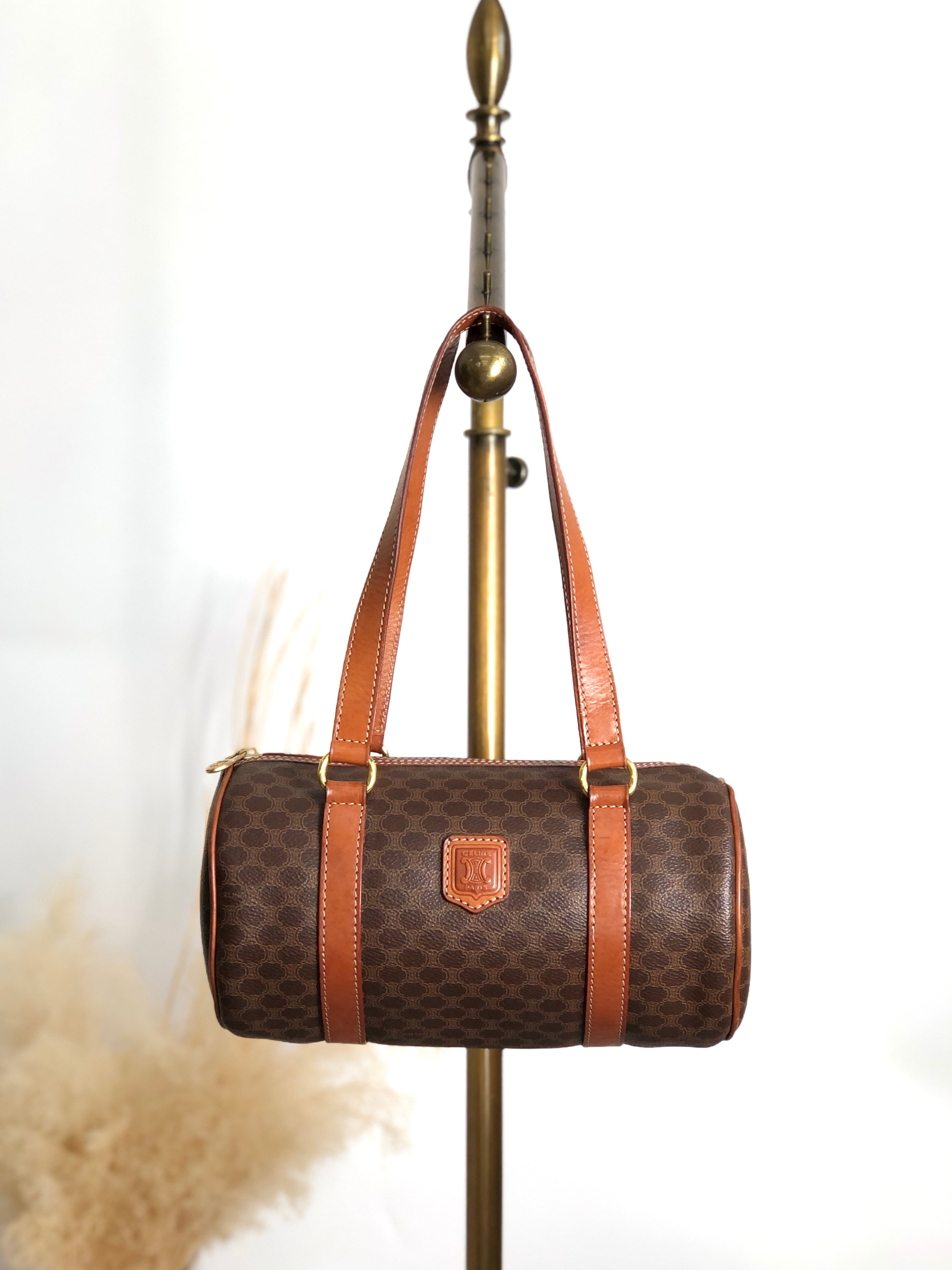 CELINE セリーヌ マカダム ハンドバッグ ブラウン ブラゾン型押し PVC ロールバッグ vintage ヴィンテージ オールド stij7h