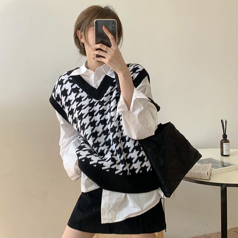 千鳥柄チェックニットベスト 韓国ファッション通販 Nosweat
