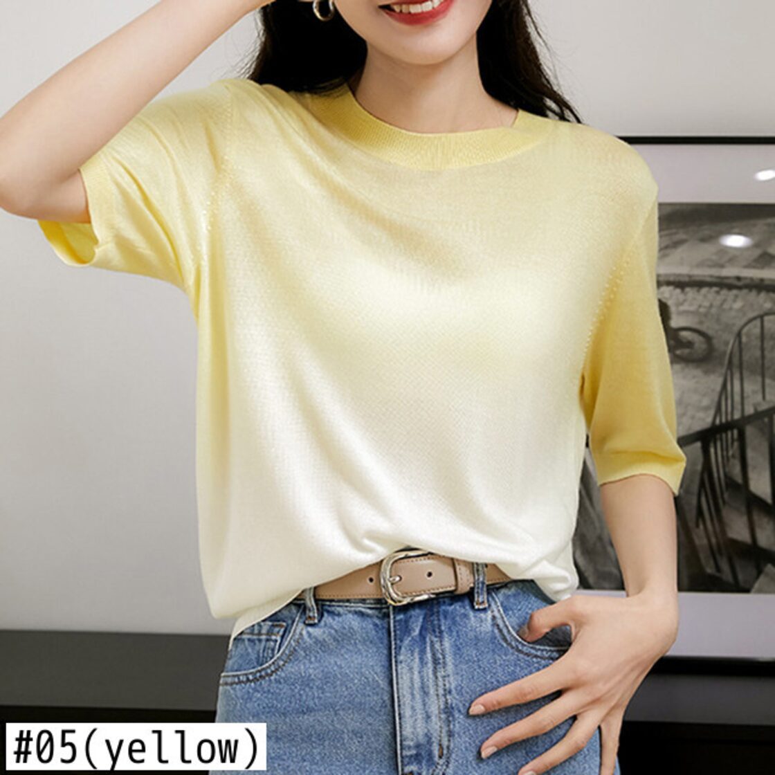 グラデーション Tシャツ薄いゆったりした服 O ネックニットトップ半袖 