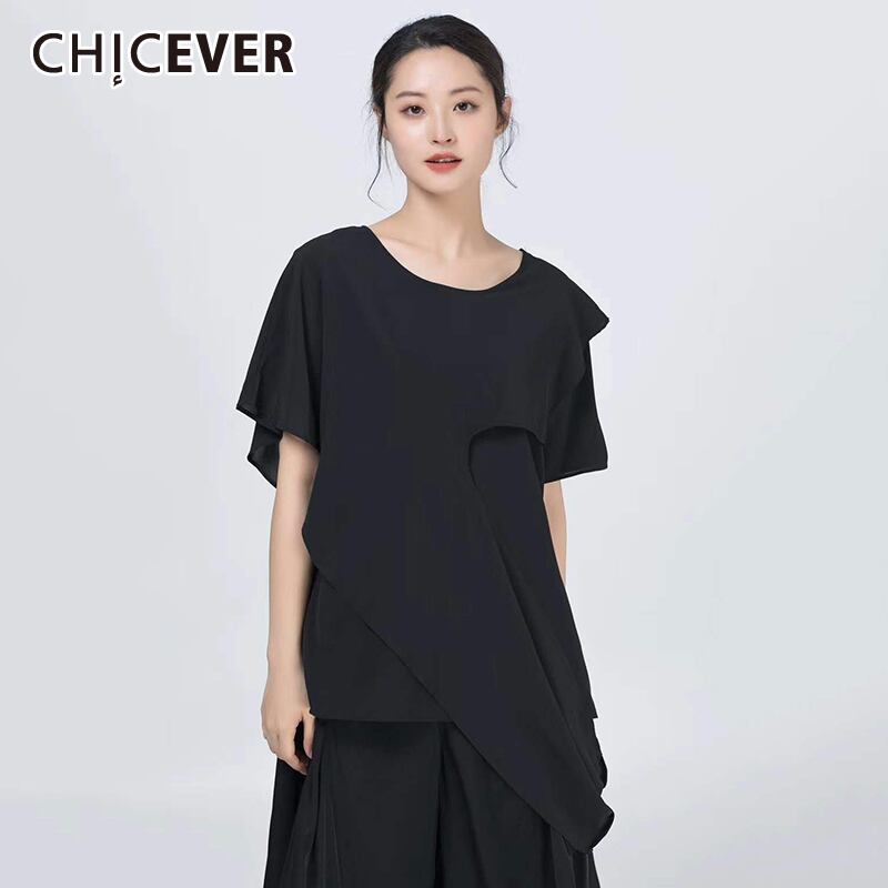 CHICEVERアシンメトリーレディースTシャツOネック半袖ルーズロングイレギュラーサマーシャツ洋服2020 ショート ハーフスリーブ 夏物 6base530666374783