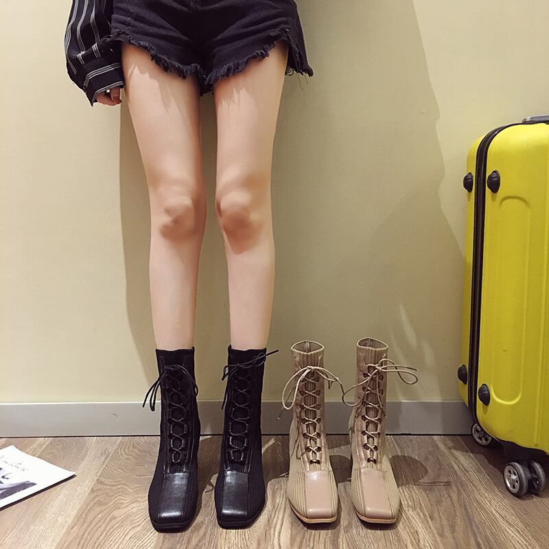 ブーツレッドカジュアルソリッド カラー薄手 レース 靴 シューズ レースアップ ソリッドカラー スクウェア フェイクシューズ36833277239