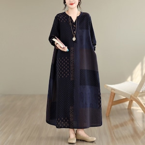 PRINT PANEL LONG SLEEVE LOOSE A-LINE DRESS M-18238
