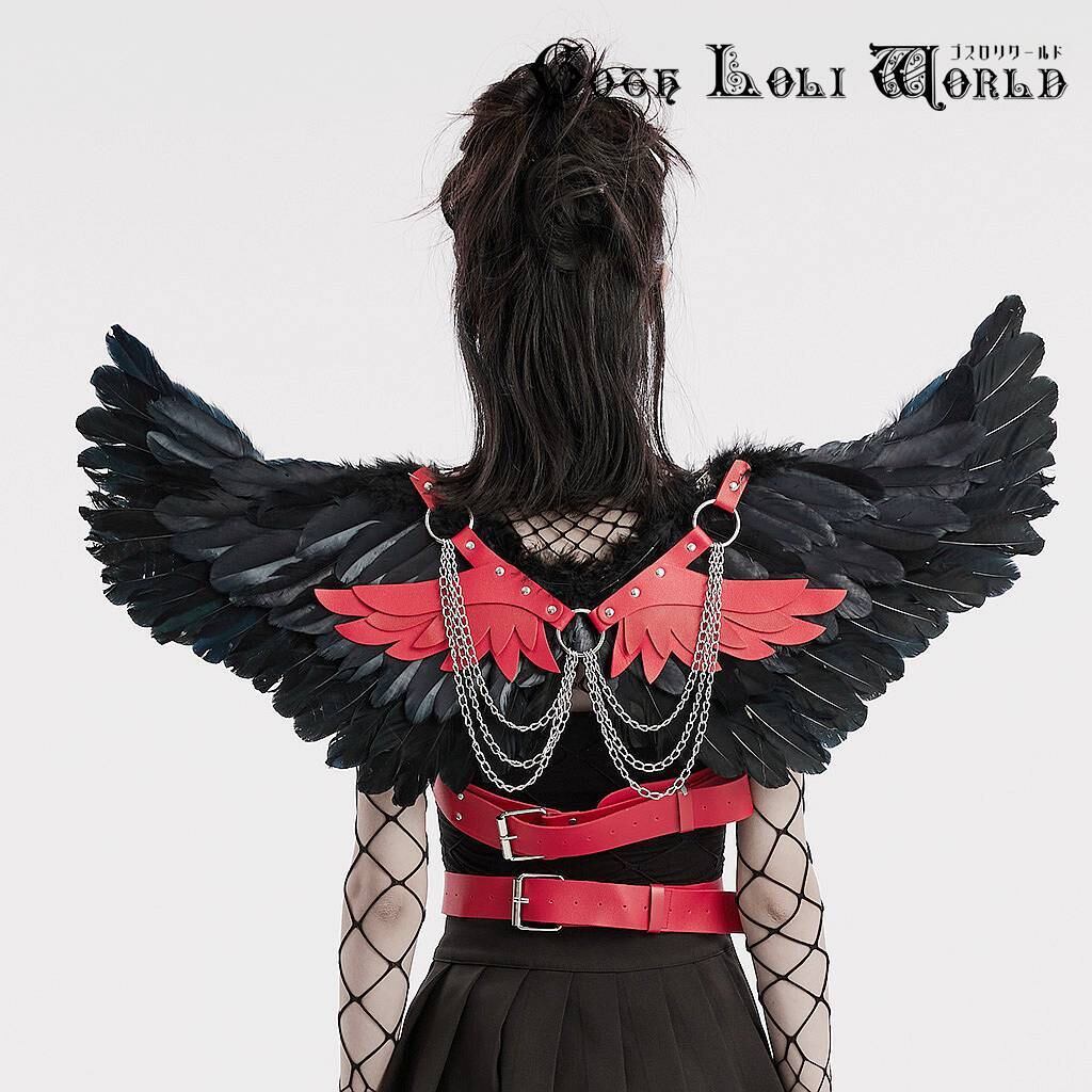 PUNK少女レザー トップハット ブラック レッド ジッパー装飾 即納/送料無料】WS-609BDF-BK-RD 着脱レザーリアルフェザーウィング