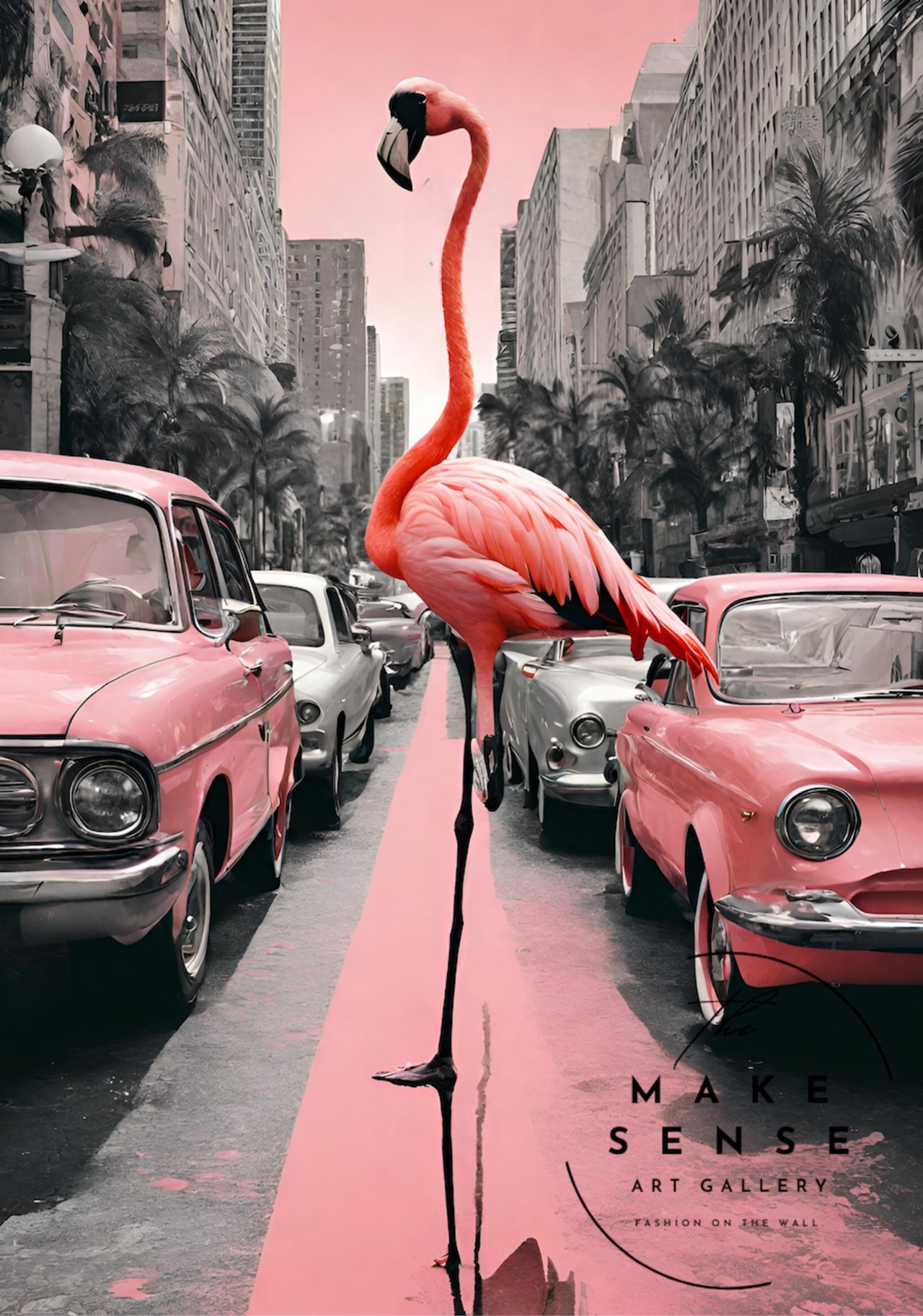Flamengo Trip｜都会を旅するフラミンゴのコラージュアート｜ピンク×ブラックが映える遊び心の額縁付きポスターA4ポスター