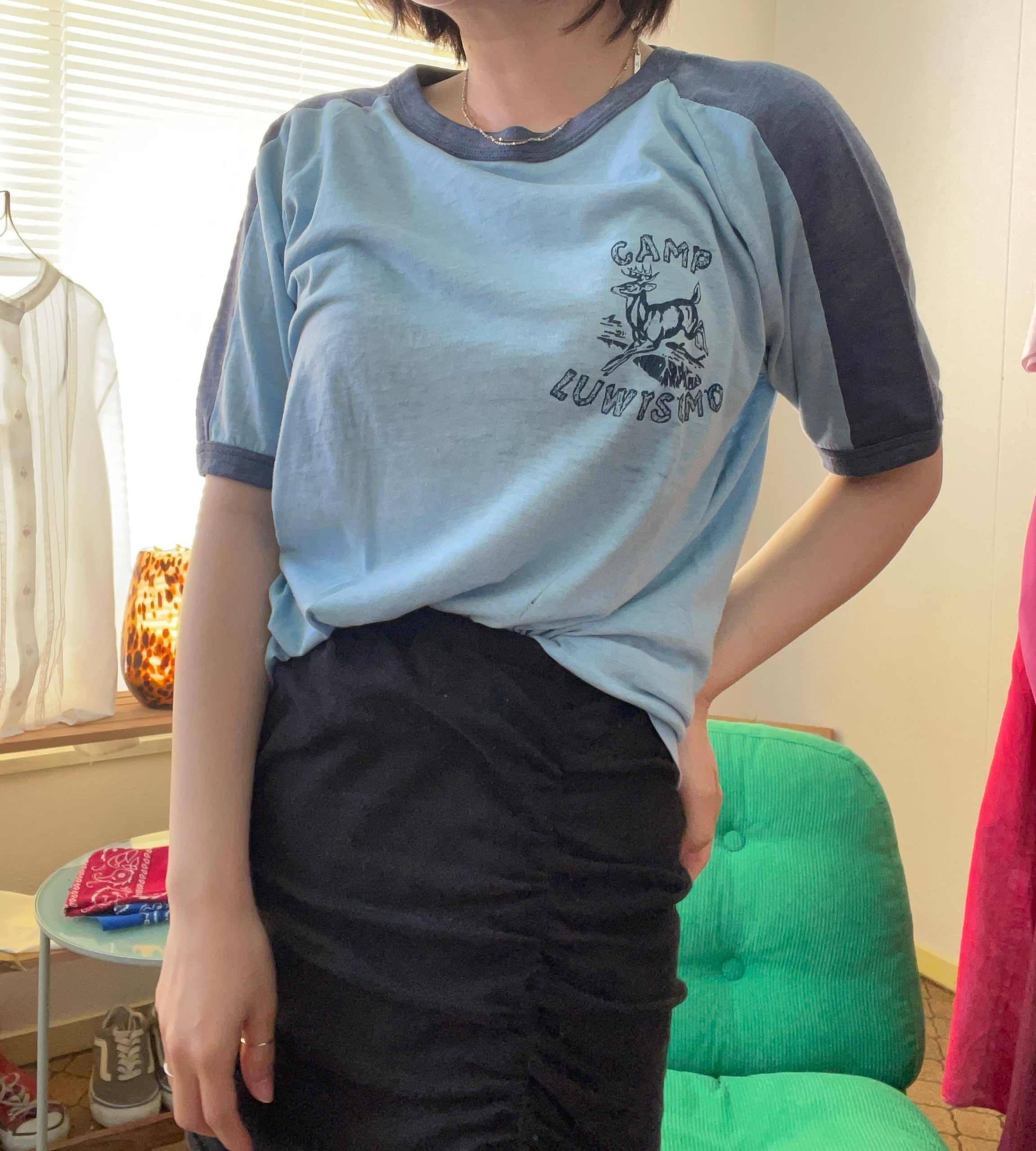 70s-80s “CAMP LUWISOMO” Deer Print Ringer T-Shirt