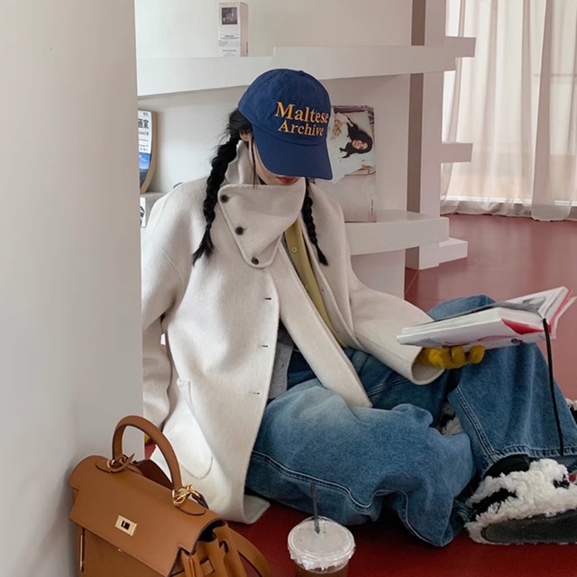 マフラー付きノーカラーコート