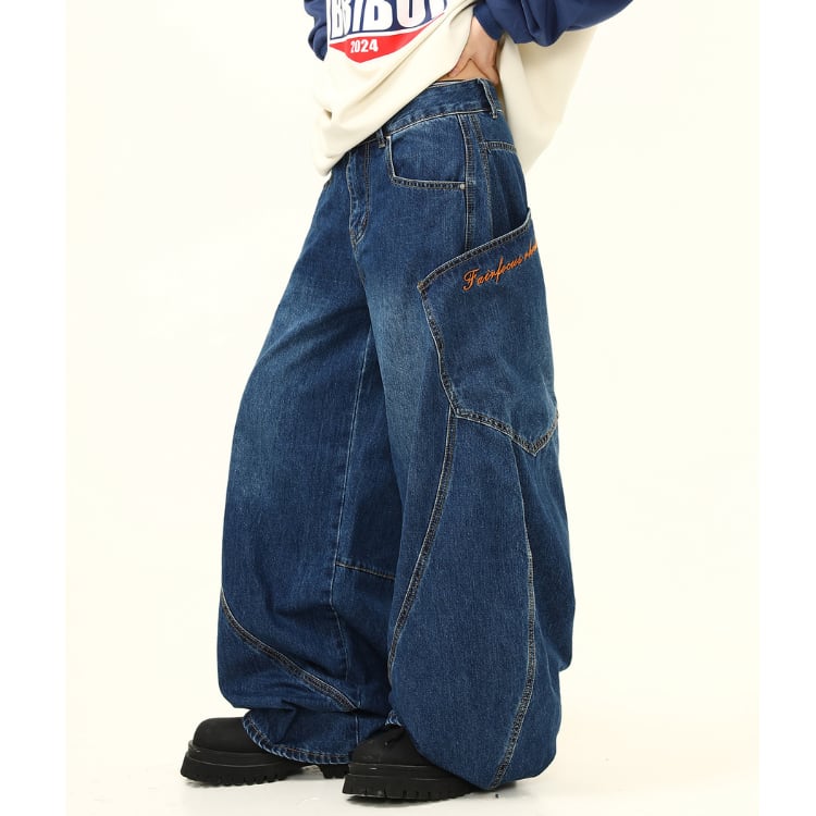 パッチポケット ワイドレッグ フルレングス デニムパンツ L00484