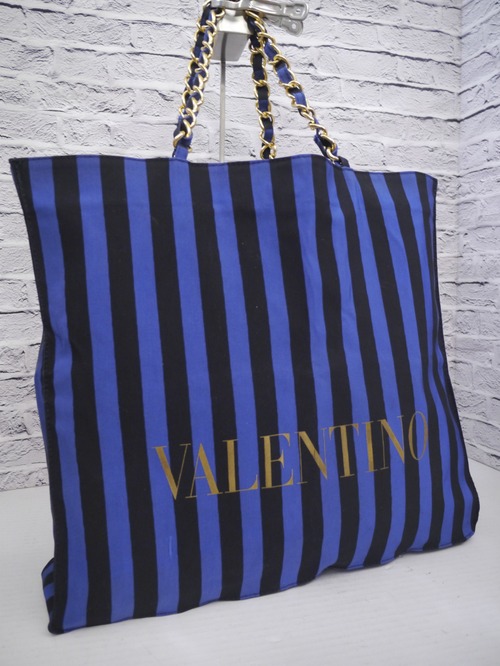 レア◆VALENTINO ヴァレンティノ Vlogoデザイン チェーンハンドル 男女可 大容量 ショッパー トート バッグ 青x黒◆ ヴィンテージモデル