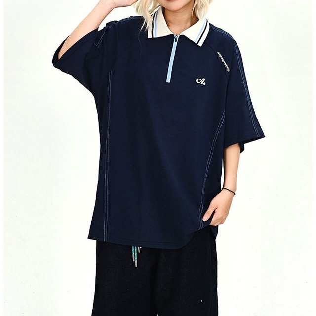 レトロスタイルハーフジップラインポロシャツ 2col   R02176