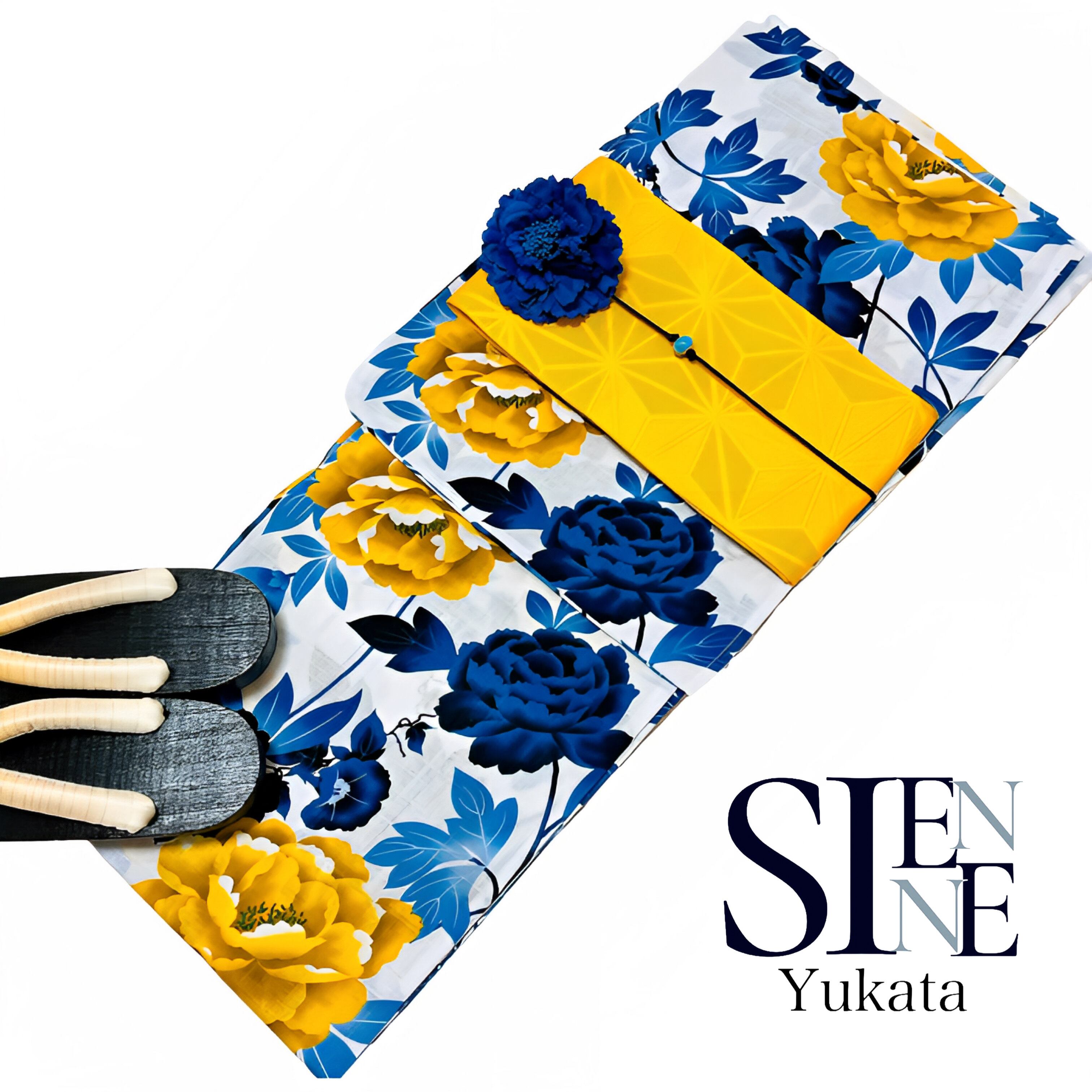 浴衣ジェンヌ 浴衣5点セット 白地に青と黄色の花 | 浴衣SIENNE