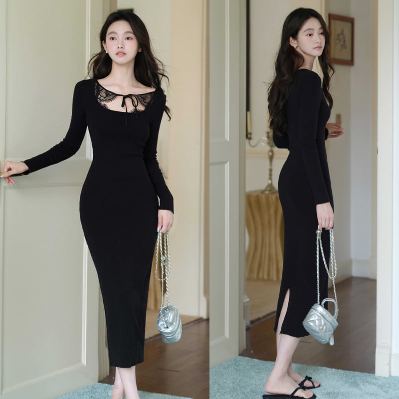 【dress】スクエアネックニットワンピース Q7047