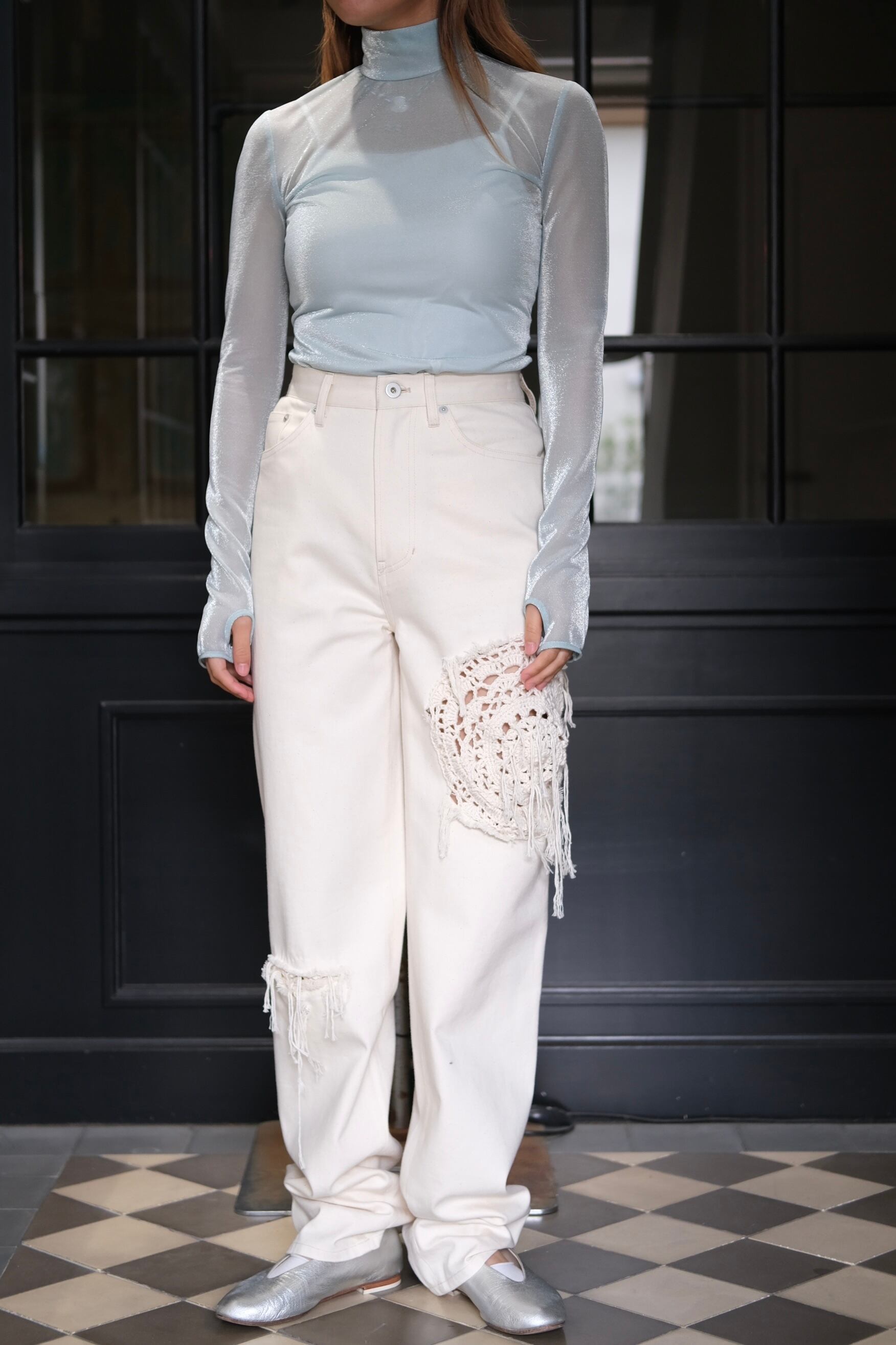 Mame Kurogouchi】Lamé Jersey High Neck Sheer Top - mintgreen Mame Kurogouchi】Lamé Jersey High Neck Sheer Top - mintgreen