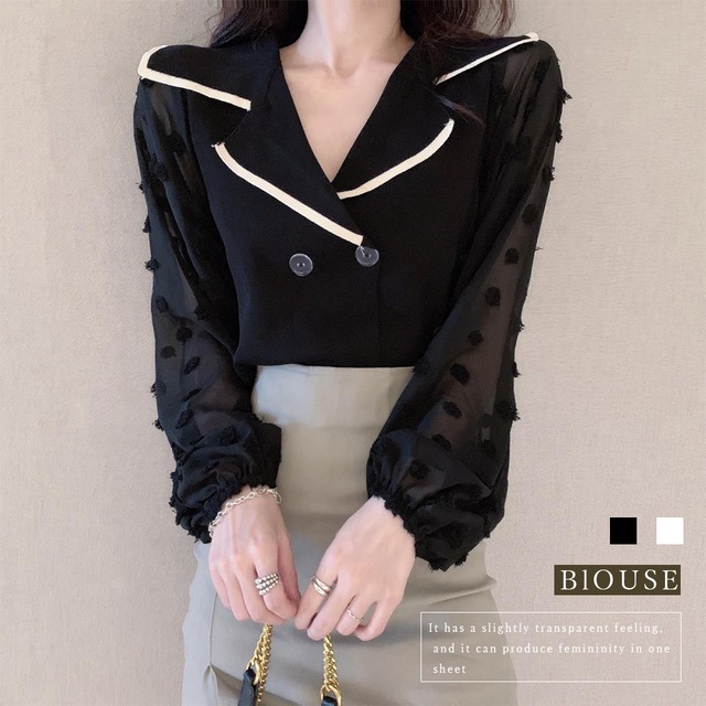 ニット切り替え シャツブラウス レディース Vネックシャツ ダブルブレスト