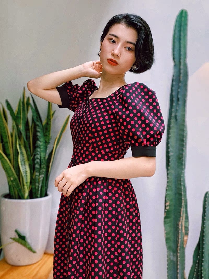 水玉 ピンク 黒 ワンピース ヴィンテージ 風 XL ドット | LOVEYsmileSHOP