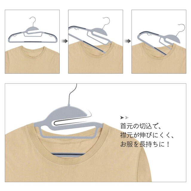 SONGMICS ハンガー 型崩れしない tシャツハンガー 20本洗濯収納兼用ハンガー すべらない 襟を守る 省スペース スリム プラスチックハンガー 多機能 360°回転 グレー CRP41G