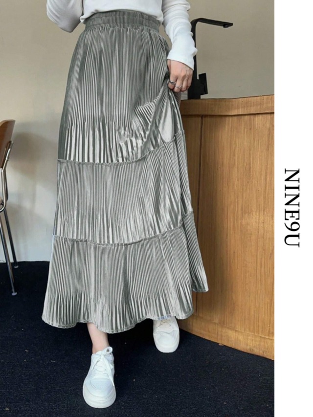 long metallic tiered pleats-skirt 6color【NINE-S7307】