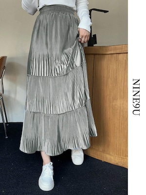 long metallic tiered pleats-skirt 6color【NINE-S7307】