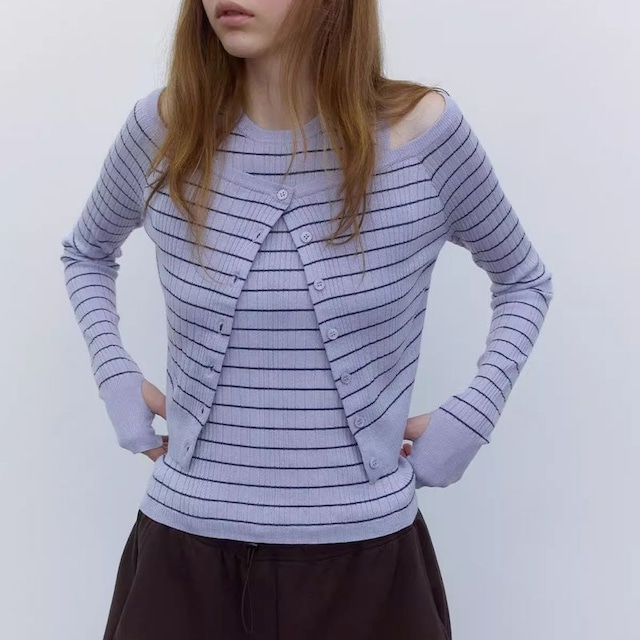 wide neck border knit cardigan   101587