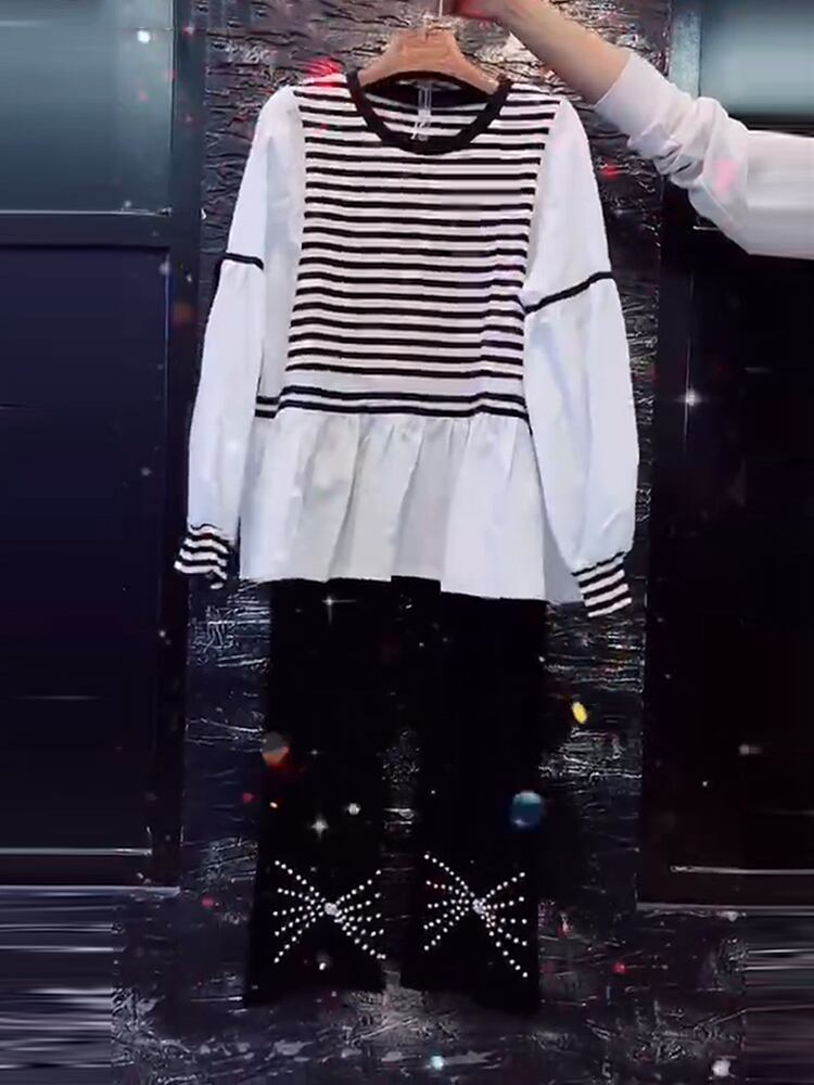 ストライプスプリングルーズトップス パンツ ロング 大きめサイズ 春物 ミックスインファッション26473923283