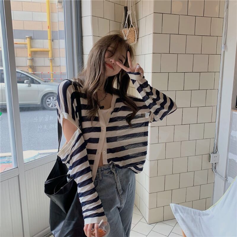 薄手ストライプトップス サマースタイルVネックニットカーディガンジャケット 大人ガーリー スウィート キュート カジュアル 夏物 モンロー45440927089
