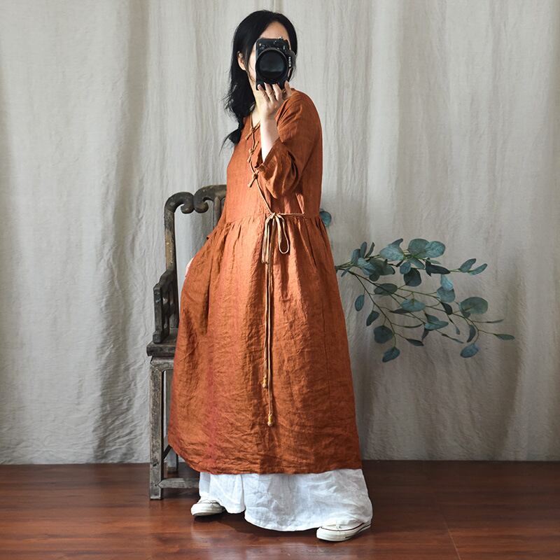 サマーオータムバックルドレス Vネックルーズ薄手ロングスカート スプリング 春物 夏物 秋物 Yiranxuaディースワード93797808873