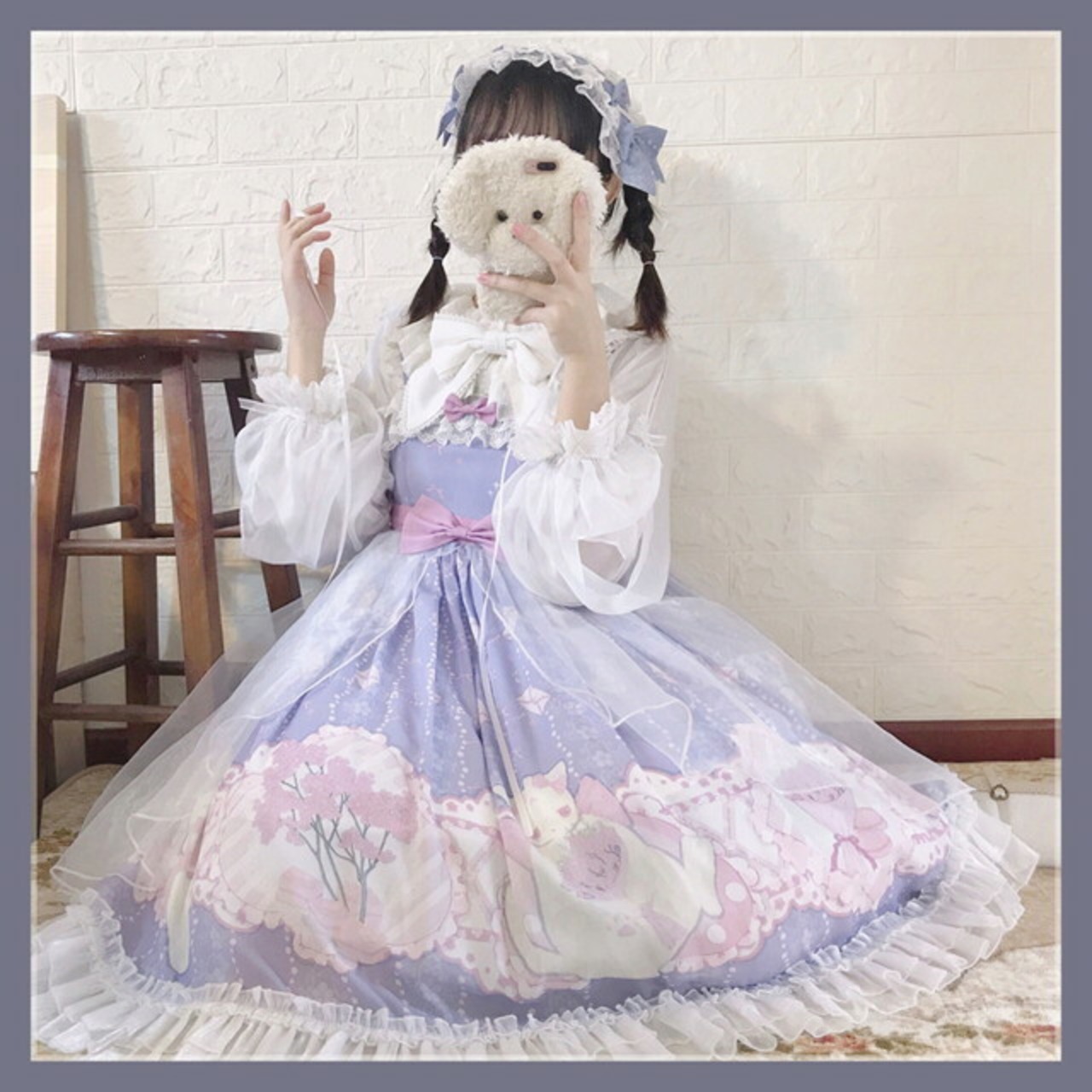 ゴスロリ ワンピース 甘ロリ 袖コン フリル 天使 夢可愛い 子猫 花柄  