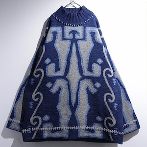 90s Blue Tribal Oversized Pattern Design High-Neck Knit