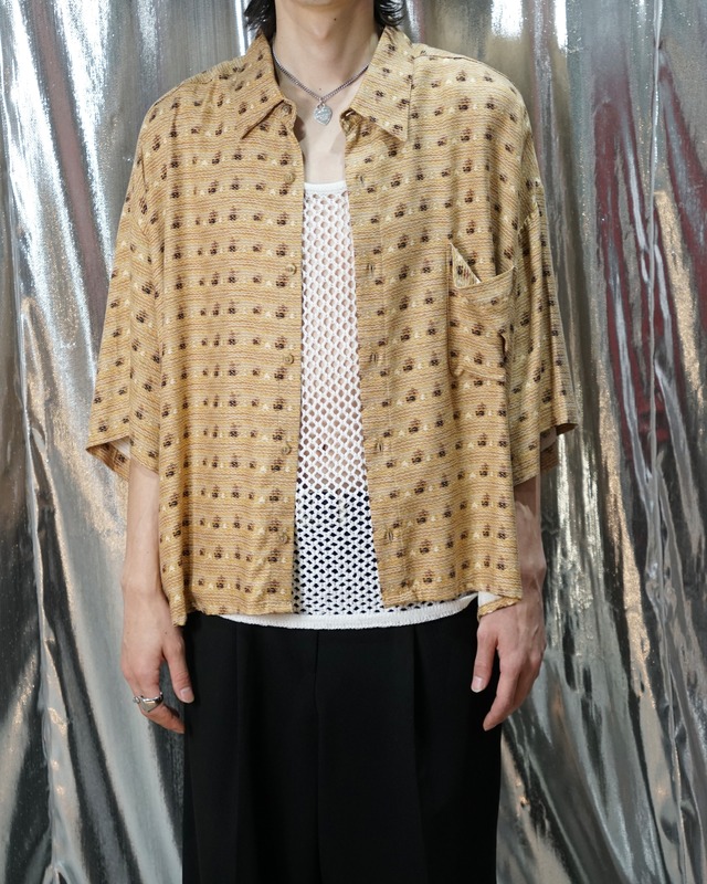 Vintage super wide short cropped rayon shirt "BROWN"